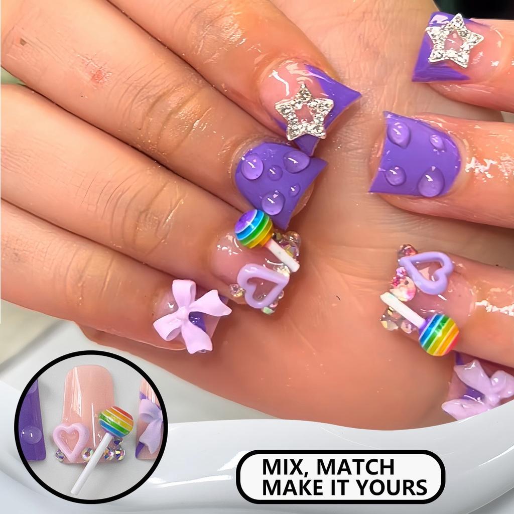 24Pcs Y2K Punk Short Duck Shaped Press On Nails Rose Pink Black French Tips With Diamond Star Flower Decor Fake Nails