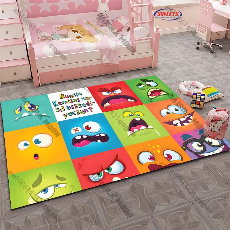 Cute Cartoon Silly Faces Printed Carpet Bedroom Living Room Sofa Study Children's Room Decorative Rug Multi-size Non-slip Mats