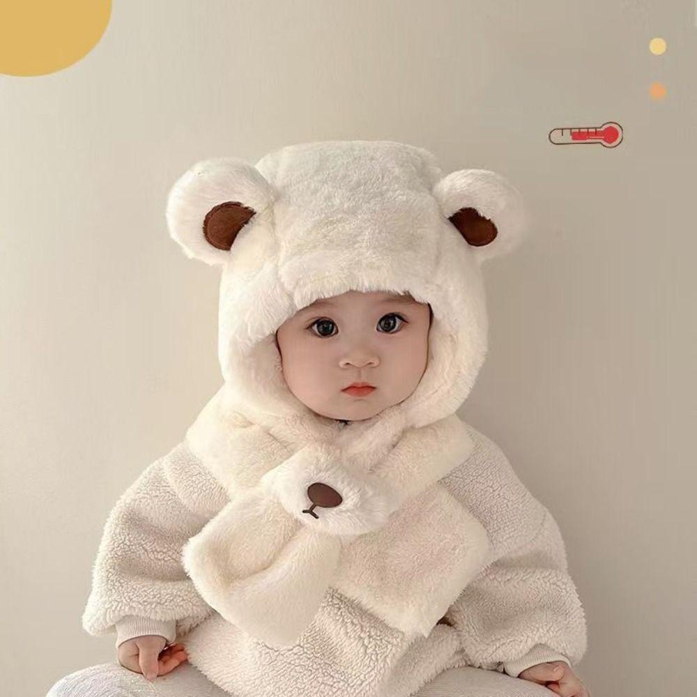 Fashion Design Children Fleece Hat Solid Color Plush Hat with Scarf Outdoor Bear Plush Hat  Boy