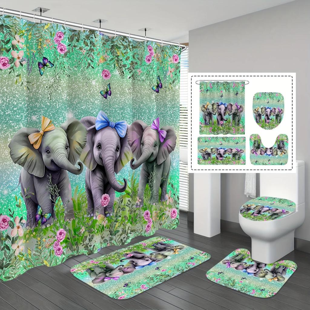 Elephants with Bows Shower Curtain Set | Non-Slip Bath Mat, U-Shaped Toilet Mat, 12 Hooks, Bathroom Decor