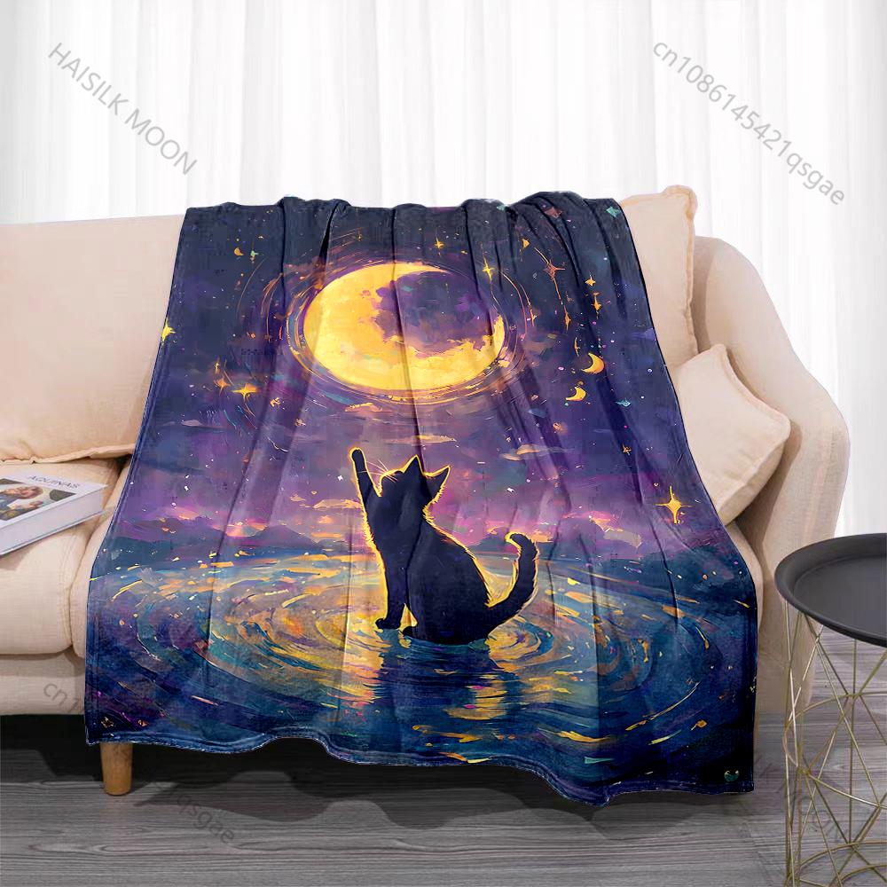 Cat reaches moon reflection Print Adult Children Warm Blankets Home Travel Car Soft and Comfortable Suitable for all seasons