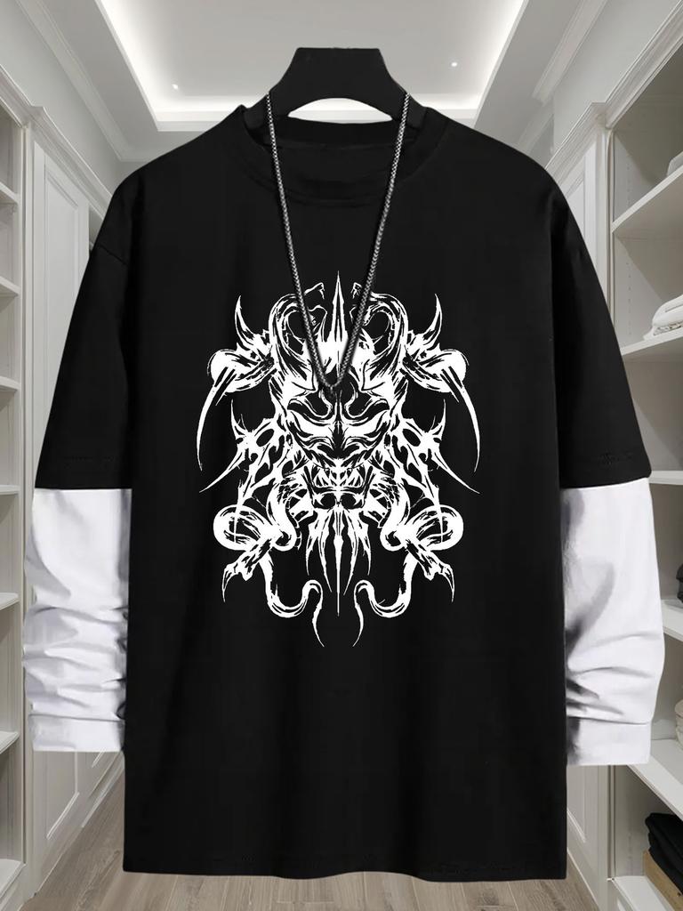 Men's Illusion Spliced Long Sleeve Tee, Quick Dry Breathable Tops, Regular Fit for Daily Walk Outdoor Errands Commute Weekend Leisure Wear