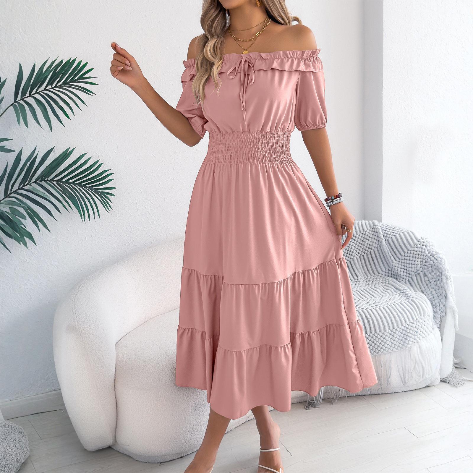 

Women s Fashionable Casual Color Off Shoulder Black Fungus Edge Short Sleeved Pleated Waist Dress XL рожевий