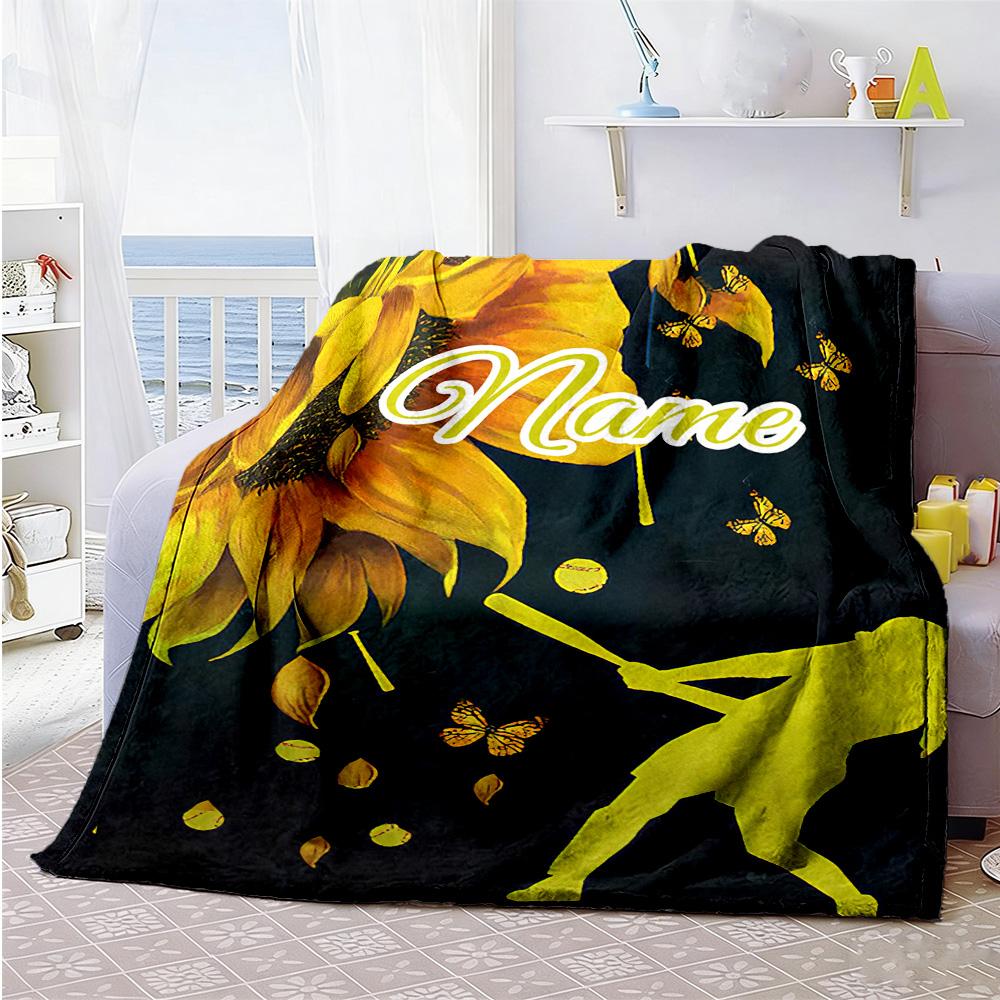 Softball Flower Style Personalized Text Blanket Multi-purpose Personalized Blanket Soft Warm Cozy Perfect for Chair Bedding Office Home Decor