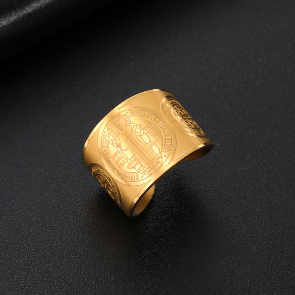 LIKGREAT Exorcism Saint Benedict Ring Engraving St Benedictos Open Rings Stainless Steel Jewelry Spiritual Protection Amulet Gif