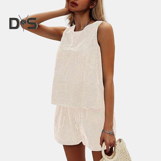 Γυναικεία καλοκαιρινά 2 τεμάχια, σετ αμάνικα σορτς με φανελάκι, casual ριγέ φόρμα, σετ για διακοπές και παραλία, ασορτί σετ