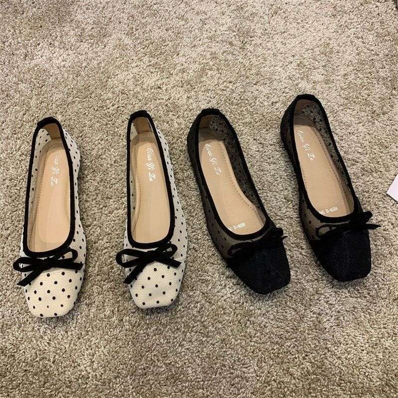 Flat Bottom Polka Dot Mesh Doudou Fairy Shoes Summer Pointed Head Bow Soft Sole Shallow Mouth Breathable Women's Single Shoes
