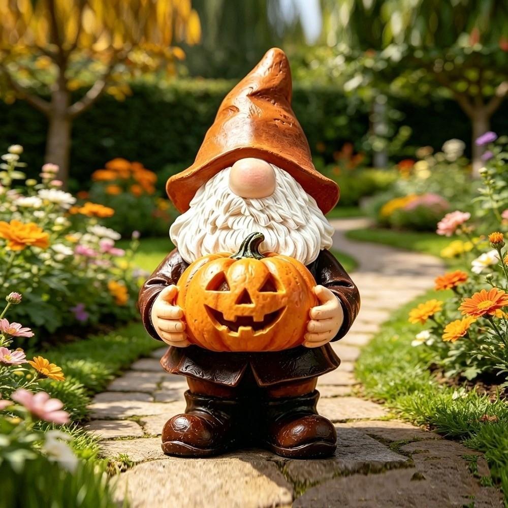 Cartoon Garden Dwarfs Statues Resin Dwarf Holding Pumpkin Ornament Halloween Pumpkin Lawn Garden