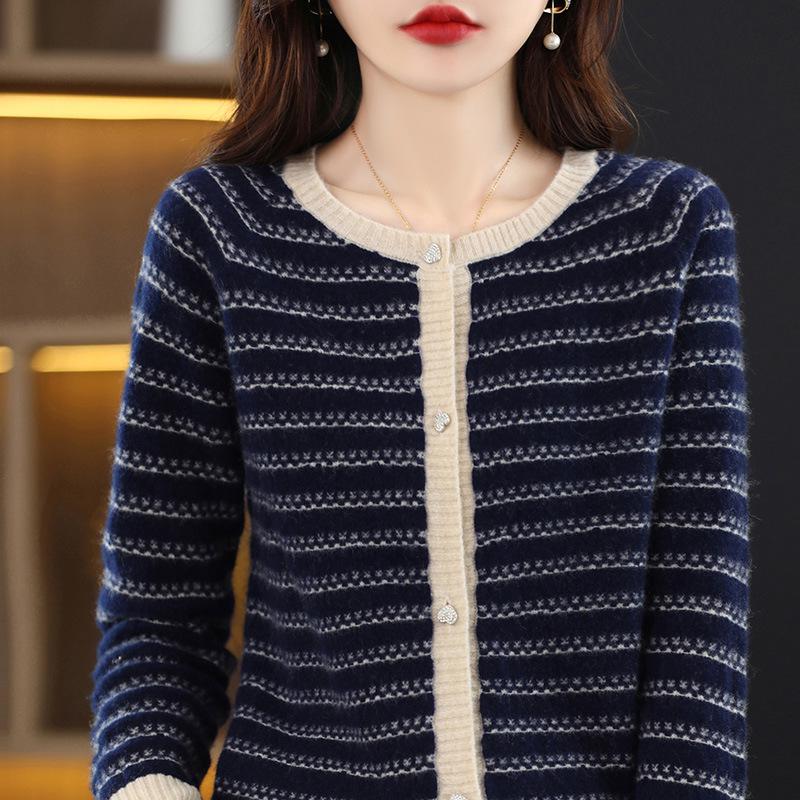 Women's Pure Wool Striped Cardigan – Long Sleeve, Round Neck, Loose Knit Sweater for Autumn/Winter.