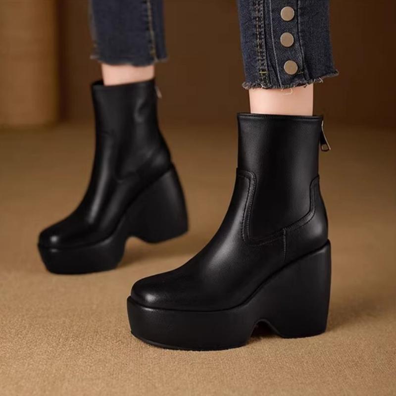 

Модные женские туфли на танкетке 10 см, высокие каблуки, ботильоны на платформе, зима 2025, новые кожаные ботинки челси, элегантные готические ботинки Mujer 40 чёрный