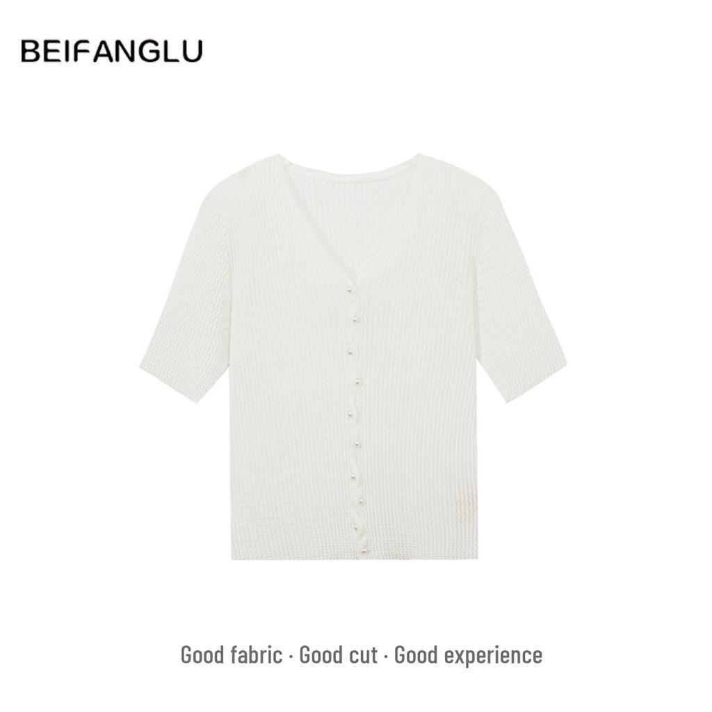 Northern Deer French Style V-neck Knit Top: Lyocell & Triacetate Blend, Short Sleeve, Summer Chic
