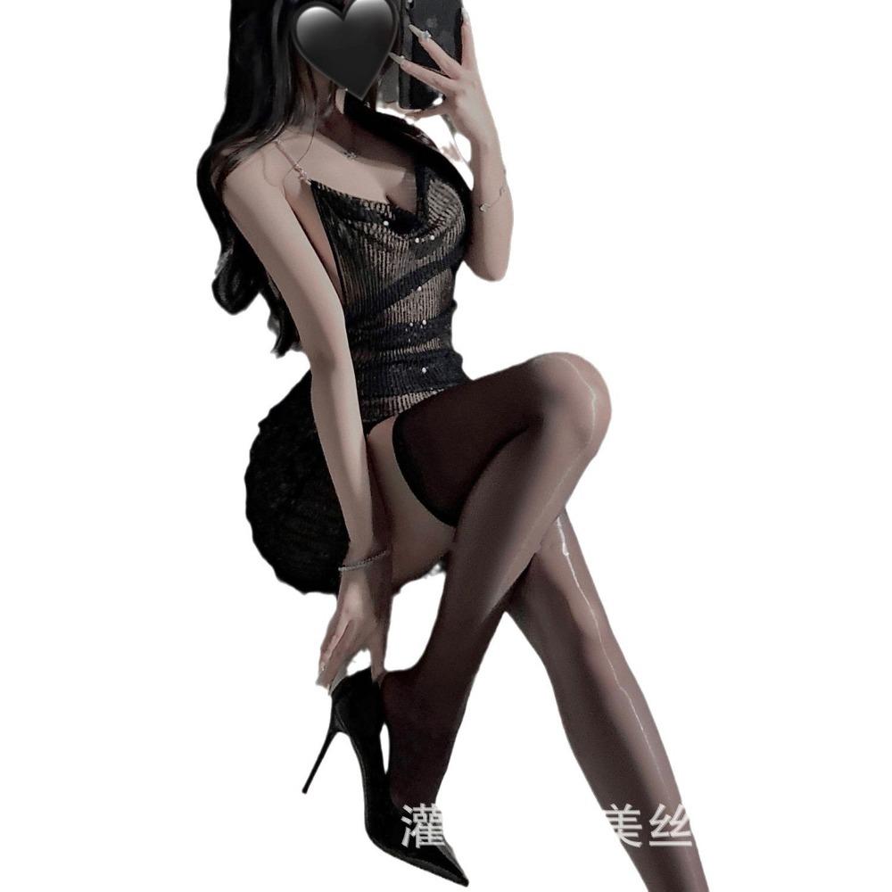 Sex Underwear Women's New Internet Celebrity Split Suspender Skirt Bright Diamond Neck Nightdress Sexy Low Cut Sequins Nightclub Suit