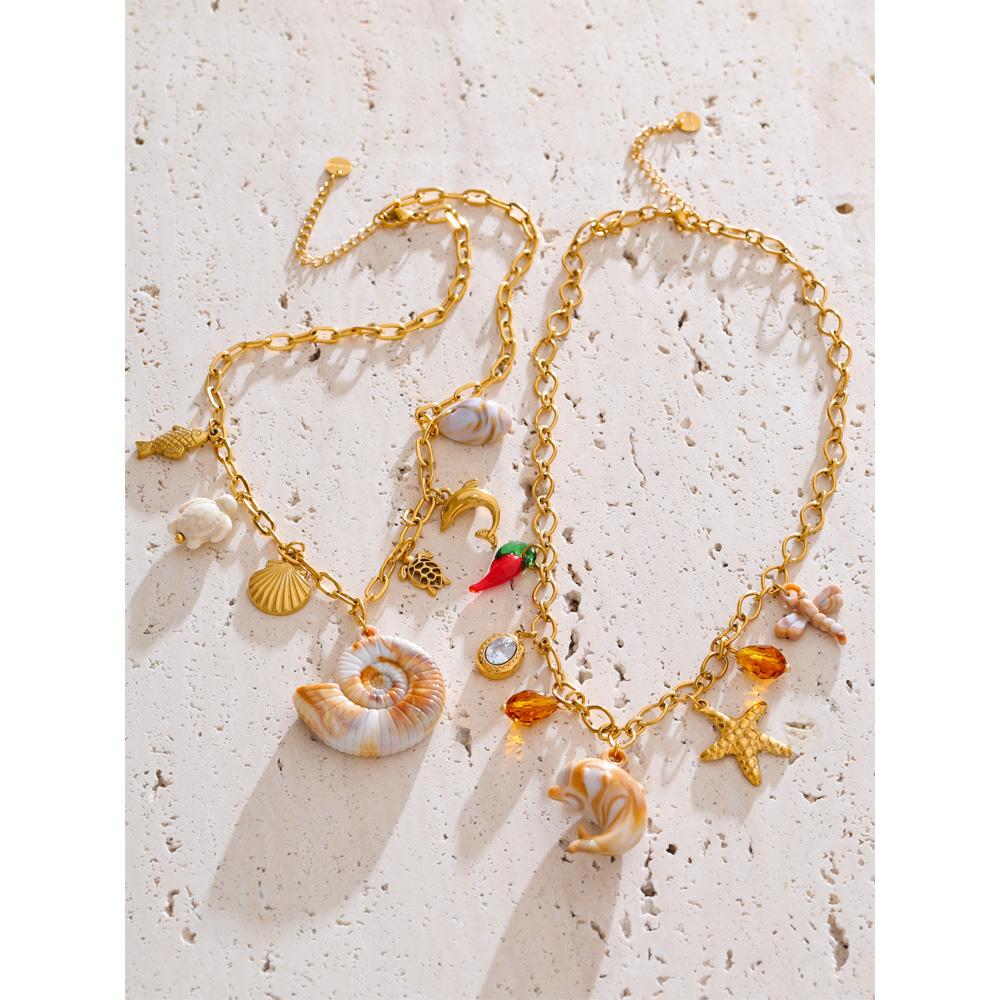 Yhpup Starfish Shell Resin Dolphin Conch Charms Pendant Trendy Necklace for Women Stainless Steel Ocean Series Golden Jewelry