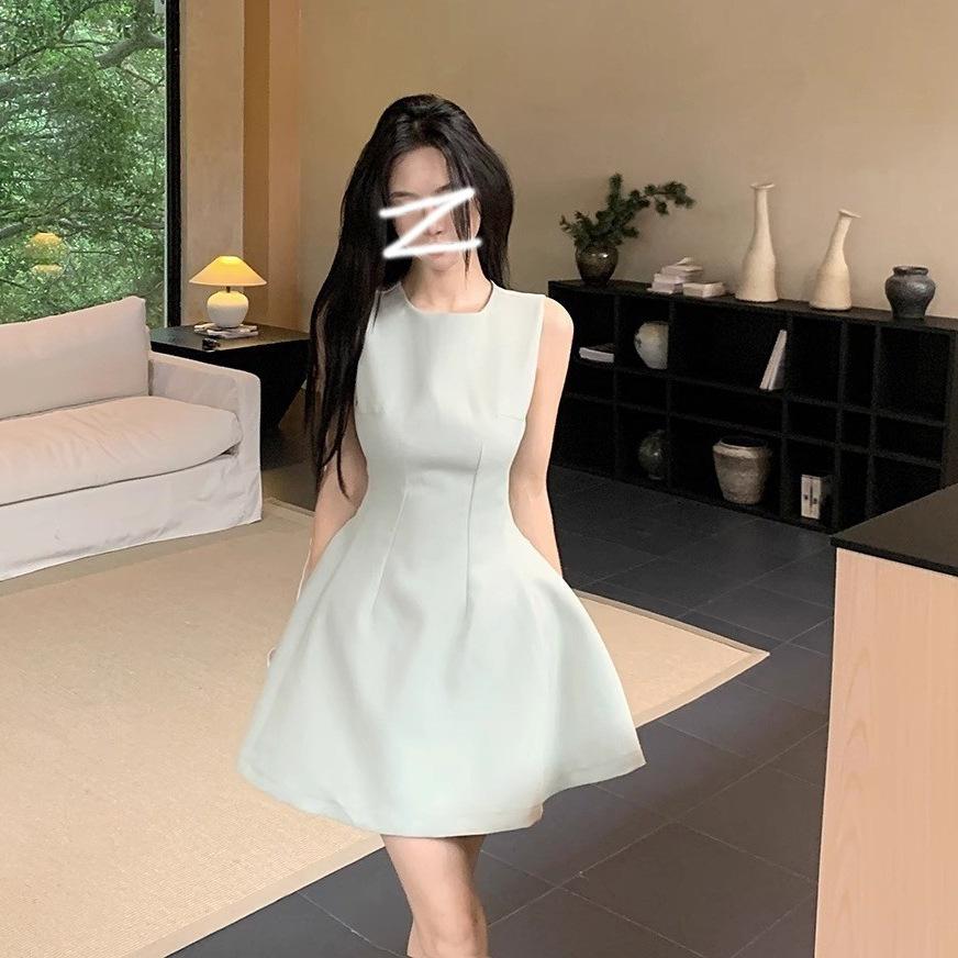 Temperament waist pure desire dress women's summer thin material sleeveless vest skirt bean green A-word short skirt high-end skirt