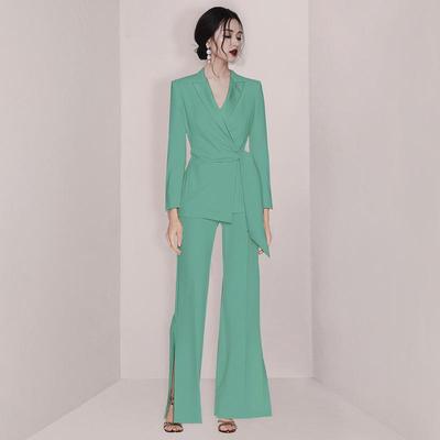 Ensemble Blazer Vert à Lacets & Pantalon Large pour Femmes Professionnelles 2024