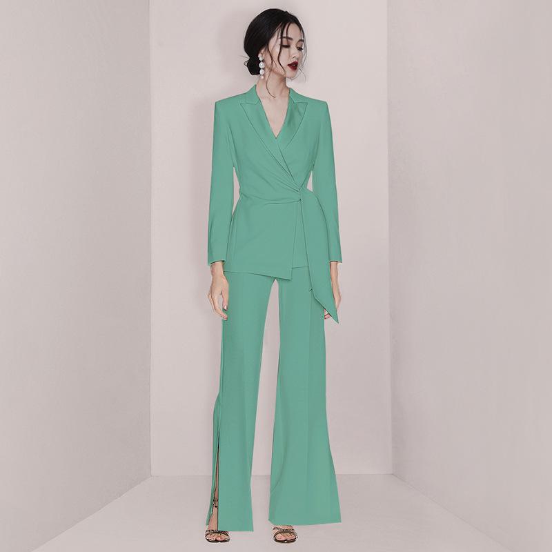 

2024 Зеленый Блейзер на шнуровке и Брюки широкого кроя для деловых женщин Large зелёный