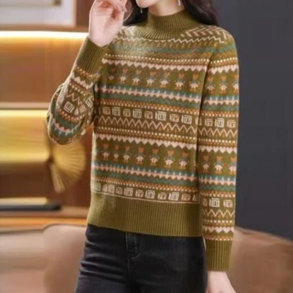 Navava Women S Retro Ethnic Pattern Half Turtle Neck Long Sleeve Knit Sweater Nk