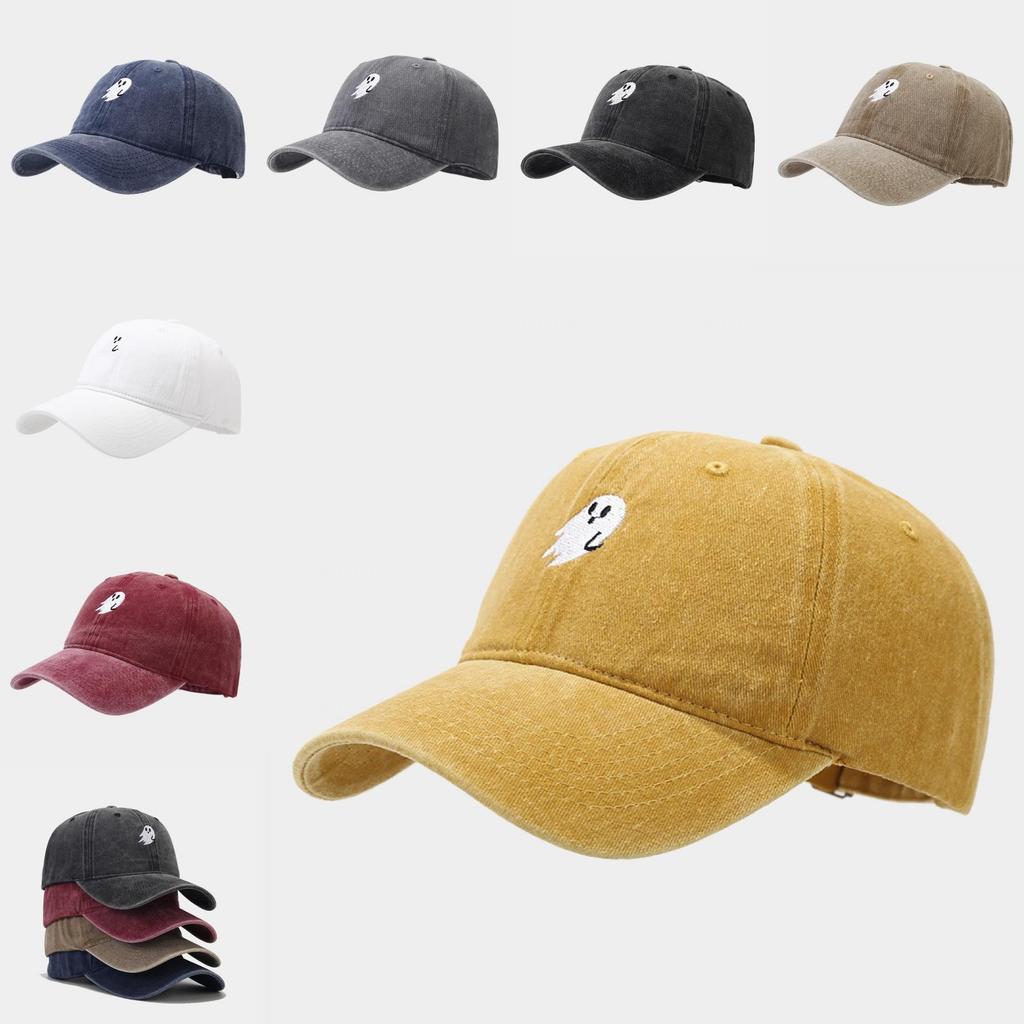 Ghost Embroidered Denim Baseball Cap With Sun Protection For Casual Outdoor Wear