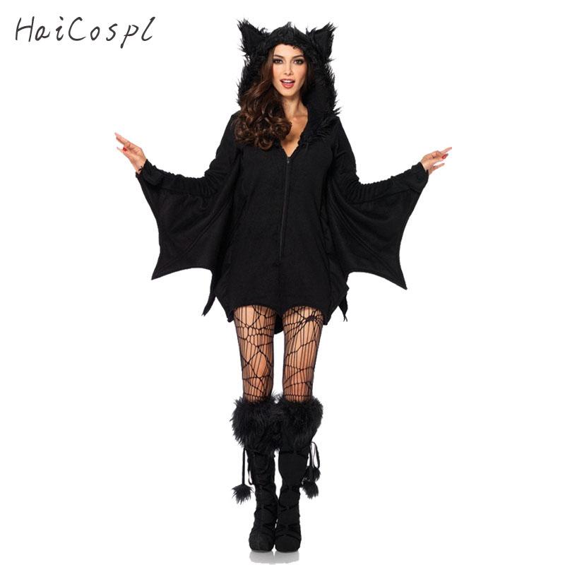 Bat Cosplay Costume For Halloween Women Adult Sexy Black Vampire Jumpsuit Hooded Female Party Fancy With Stocking Witch Disguise