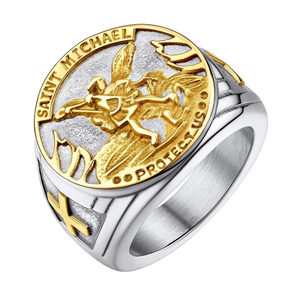 Runde Siegelringe für Männer Frau Katholisches Erzengel Erzengel Michael Amulett Schwarz & Gold Farbe Edelstahl Schmuck Geschenk Ring