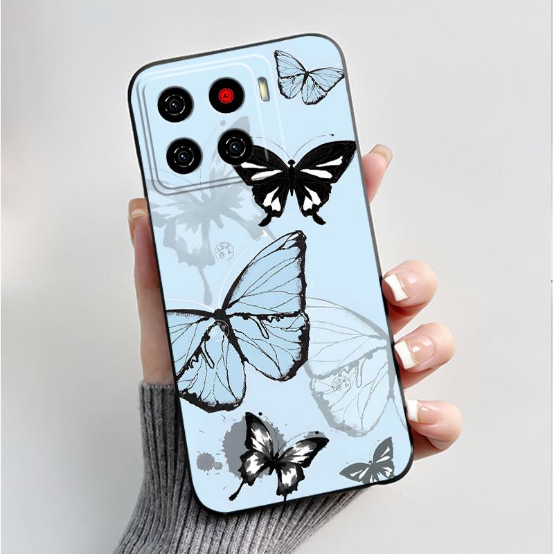 Handyhülle Für ZTE Blade A56 BladeA56 Pro Hülle Luxus Mode Schmetterling Blumen Schwarz Weiches TPU Silikon Schutzhülle Schale