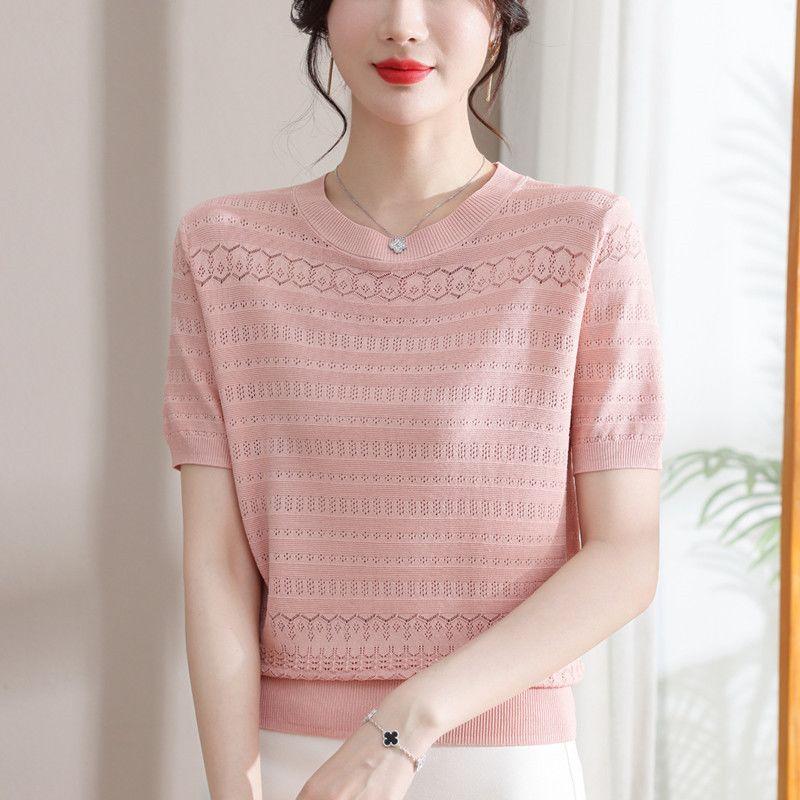 Short Sleeved Knitted Shirt for Women Round Neck Short Jacquard Top T-shirt for Women
