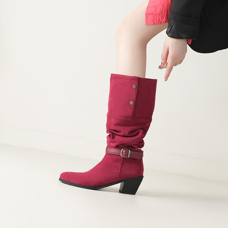 Women's high-heeled boots autumn and winter new thick-heeled suede mid-boots in size