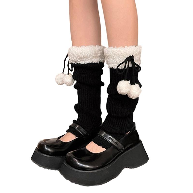 Lolitas Leg Warmers for Women Girls White Ball Knitted Leg Sleeves Winter Warm Ankle Heap Socks JK Uniform Foot Cover