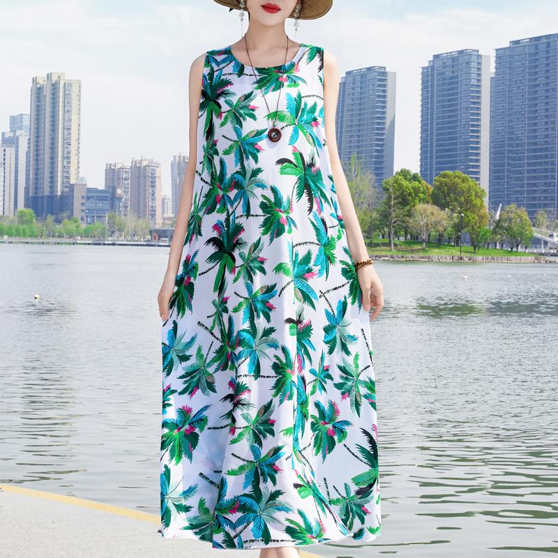 Elegant Sleeveless Dress Summer Fashion Casual Loose Vintage Print Long Dresses for Women Summer Clothes