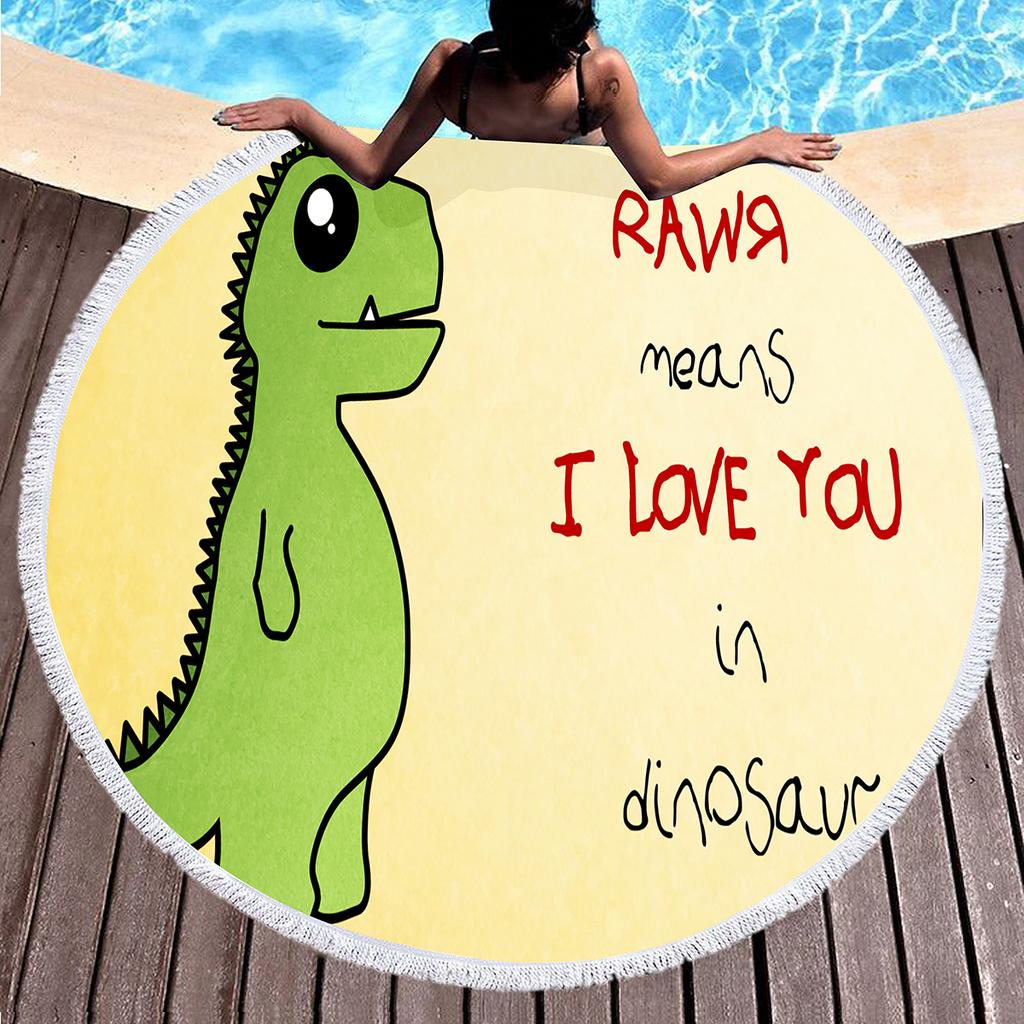 Cartoon Dinosaur Beach Towel with Tassels Polyester Sand Resistant Round Beach Blanket,Quick Dry Pool Towel Portable Picnic Mat