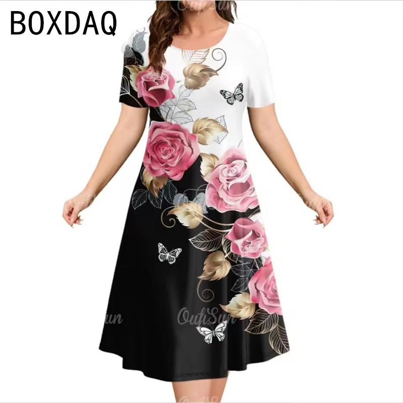 Oversized Women Dress Elegant Vintage 3D Floral Gradient Printed Dress Big Size Summer Short Sleeve Loose Casual A-Line Dress