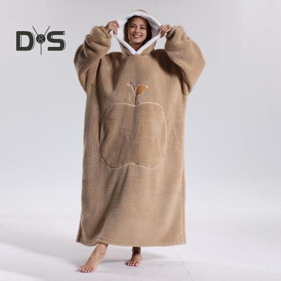 Winter Wearable Blanket Bathrobe with Big Pocket Thick Double-sided Fleece Loose Long Sleeves Pajamas Heat Retention Full Protection Home Lazy Sleeve