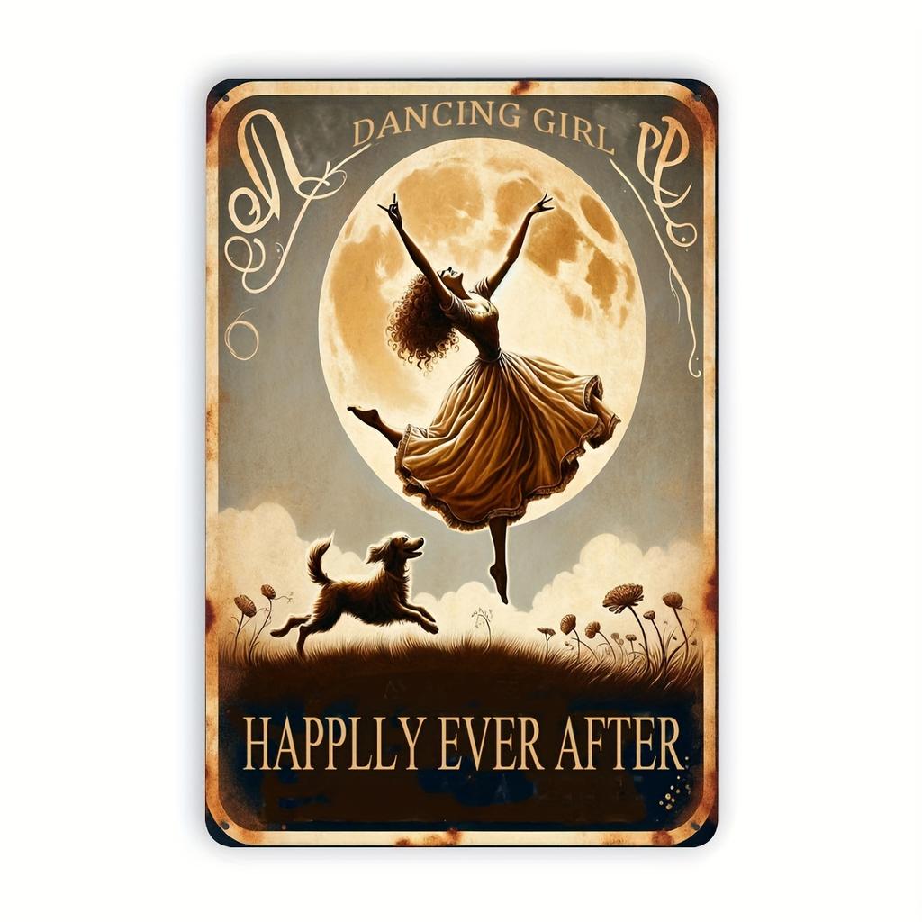 Vintage Dancing Girl Under the Moon Aluminum Metal Sign with Dog Theme Rustic Wall Art for Home Bedroom Outdoor Decor and