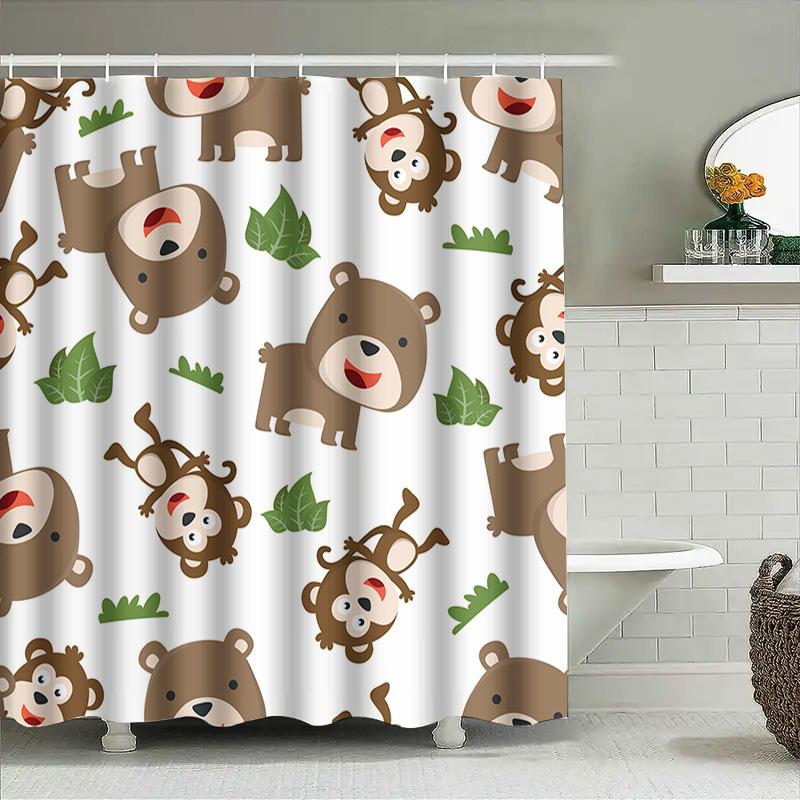 Adorable Monkey Bears Shower Curtain Waterproof Fabric Decorative Bathroom Window Covering For Kids Bath Room Green Leaf Print