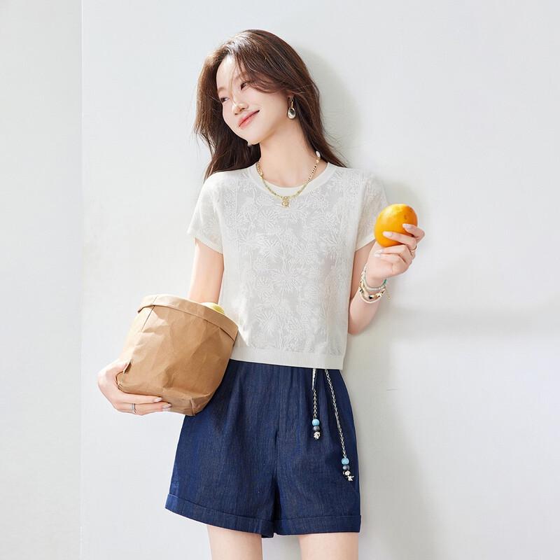 Srcr Women s Silk Blend Hollow Jacquard Knit Short Sleeve Top XL