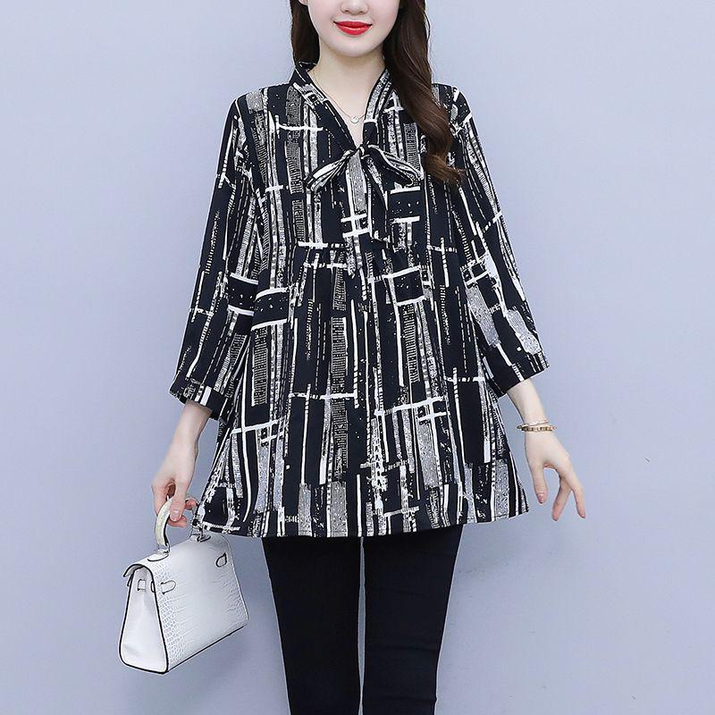2024 Spring/Summer Chic Chiffon Shirt - Plus Size, Loose Fit, Three-Quarter Sleeves for Middle-Aged Women