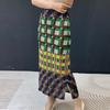 Women's 2026 Summer Colorful Printed Plaid Midi Skirt with Slit and Elastic Waist