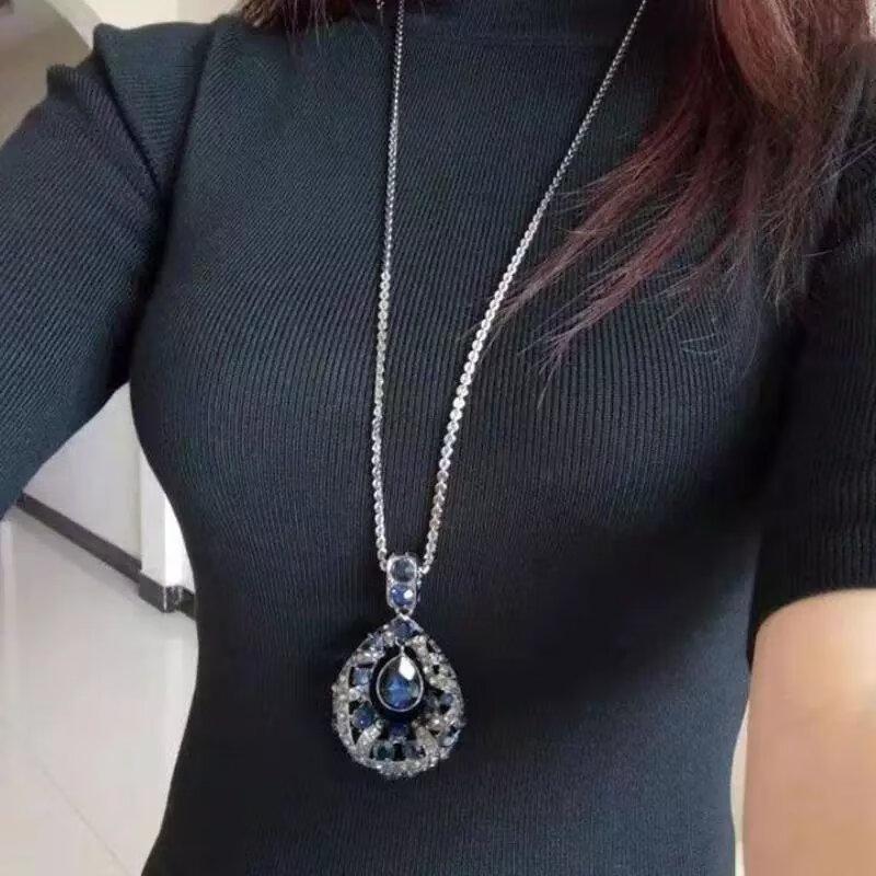 1Pcs New Trendy Korean Fashion Clothes Pendant Geometric Jewelry Vinatge Crystal Water Drop Sweater Long Necklaces For Women