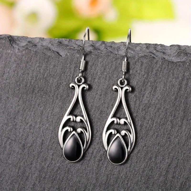 Vintage Oval Inlaid Black Stone Earrings Hollow Geometric Creativity Silver Color Dangle Earrings for Women Jewelry