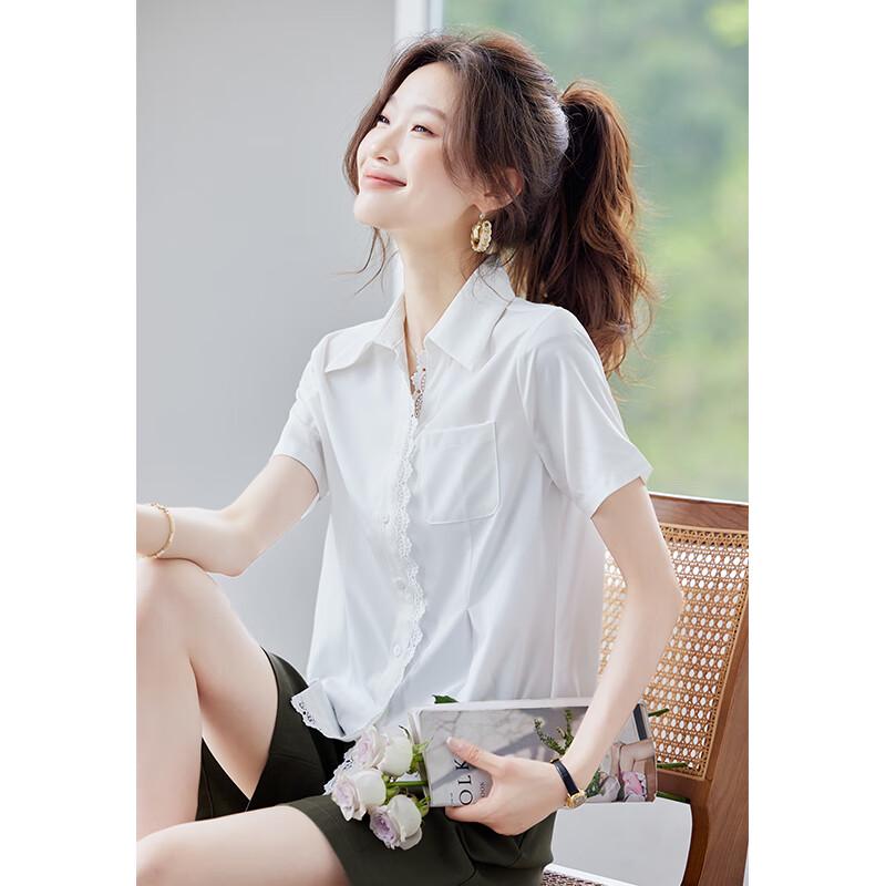 Women's Lace Patchwork Short Sleeve Collared Blouse