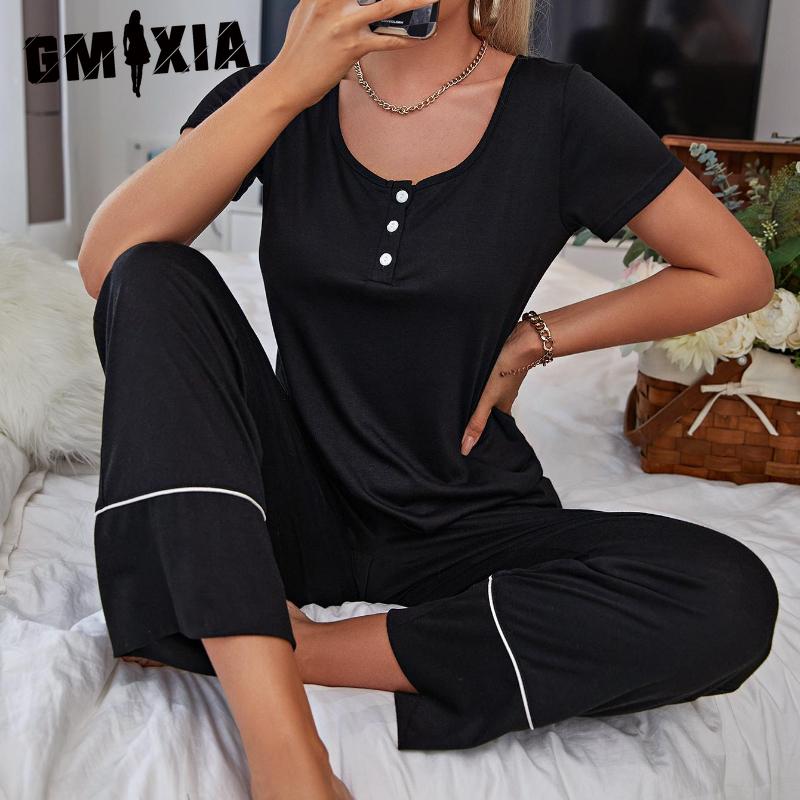 

GMXIA Women s Homewear Set Spring Summer Short Sleeve Long Pants Two Piece Pajamas S чорний