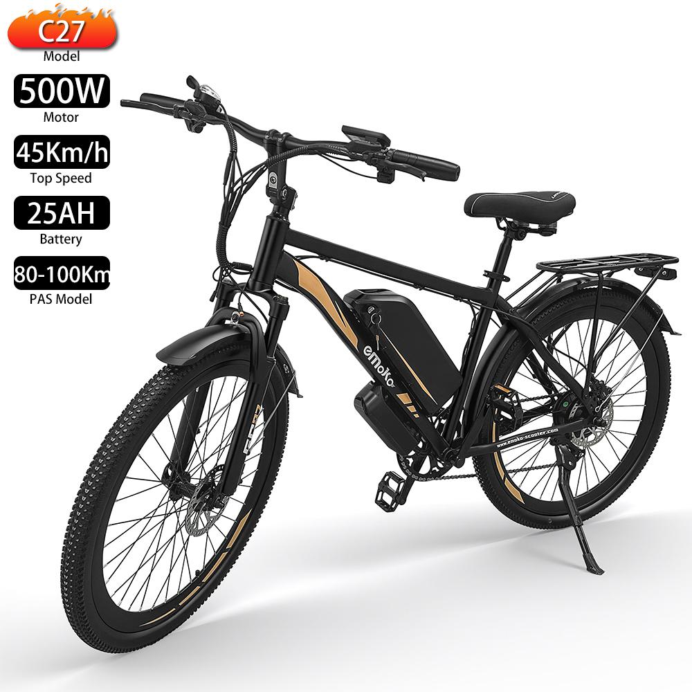 Elektrické kolo EMOKO 27" 500W Motor Dospělé Ebike 48V 25Ah Maximální dojezd 100 km 7 rychlostí Nosnost 120 kg Černé EC27