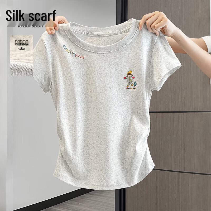 Sibaishe Women s Slim Fit Embroidered Round Neck Short Sleeve T-Shirt S