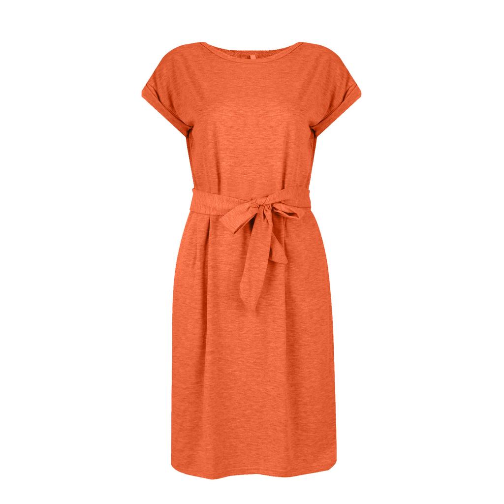 Women's Fashion Summer Color Crewneck Short Sleeve Lace-up Pocket Dress
