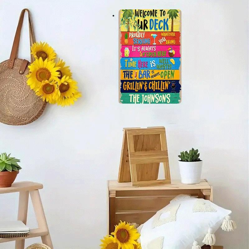 1 item Welcome to our terrace Metal plaque Outdoor patio decoration Proud  BBQ lounge bar open sign Tropical elements Sur