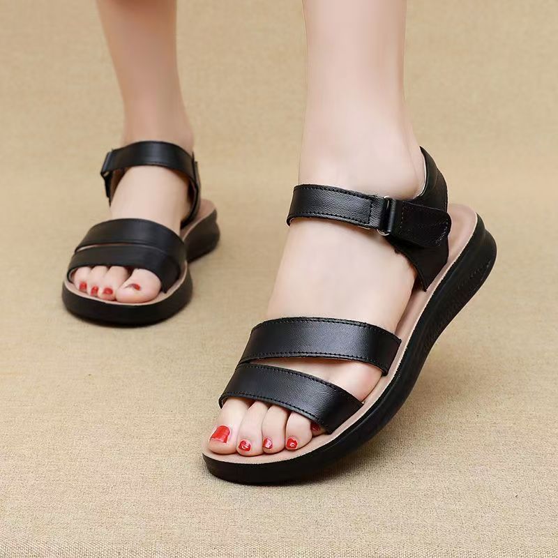 Women's Summer New Leather Open Toe Flat Sole Sandals Soft Sole Non Slip Lightweight Velcro Middle Aged And Elderly Sandals