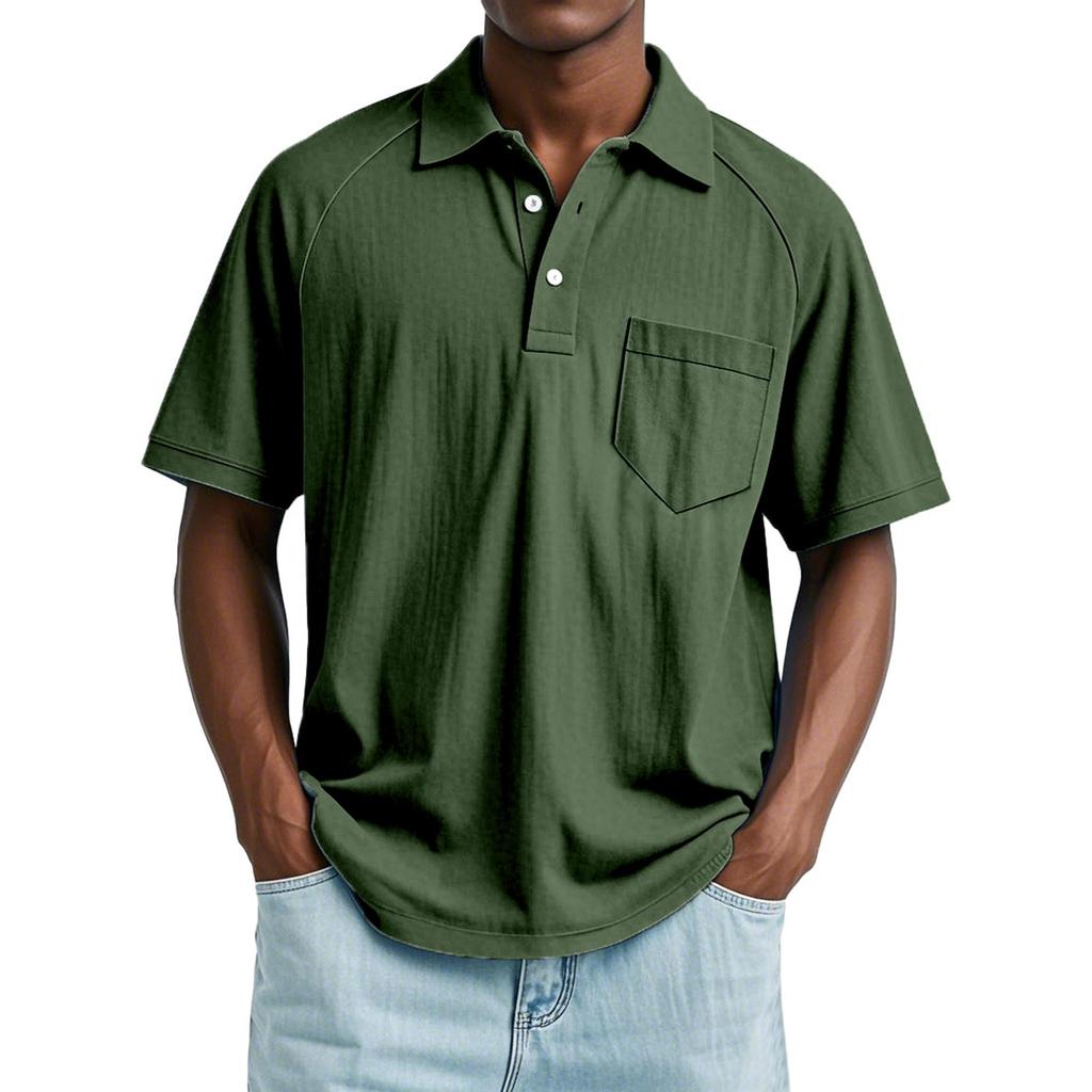 Men's Summer Solid Color Button Pocket Lapel Loose Raglan Short Sleeve Top