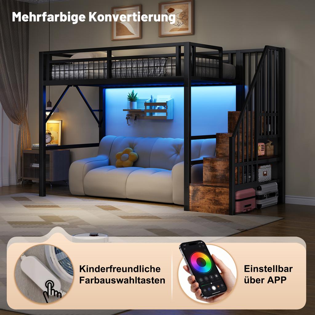 Loft Bed, 90 X 200 Cm, Iron Frame, with LED Light Strip, Staircase Construction with Storage Space, Free Space for Cladding, Without Mattress, Black