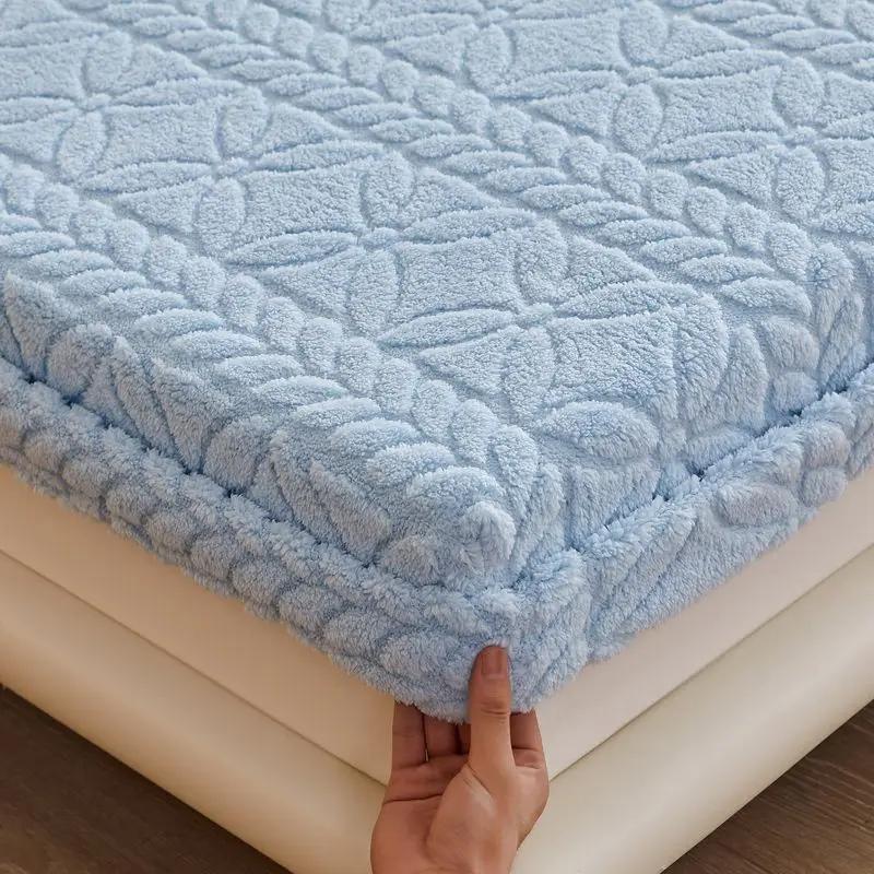 Winter Thickened Coral Fleece Fitted Sheet Elastic Mattress Protector Soft Warm Plush Bed Linen Luxury Double King Size