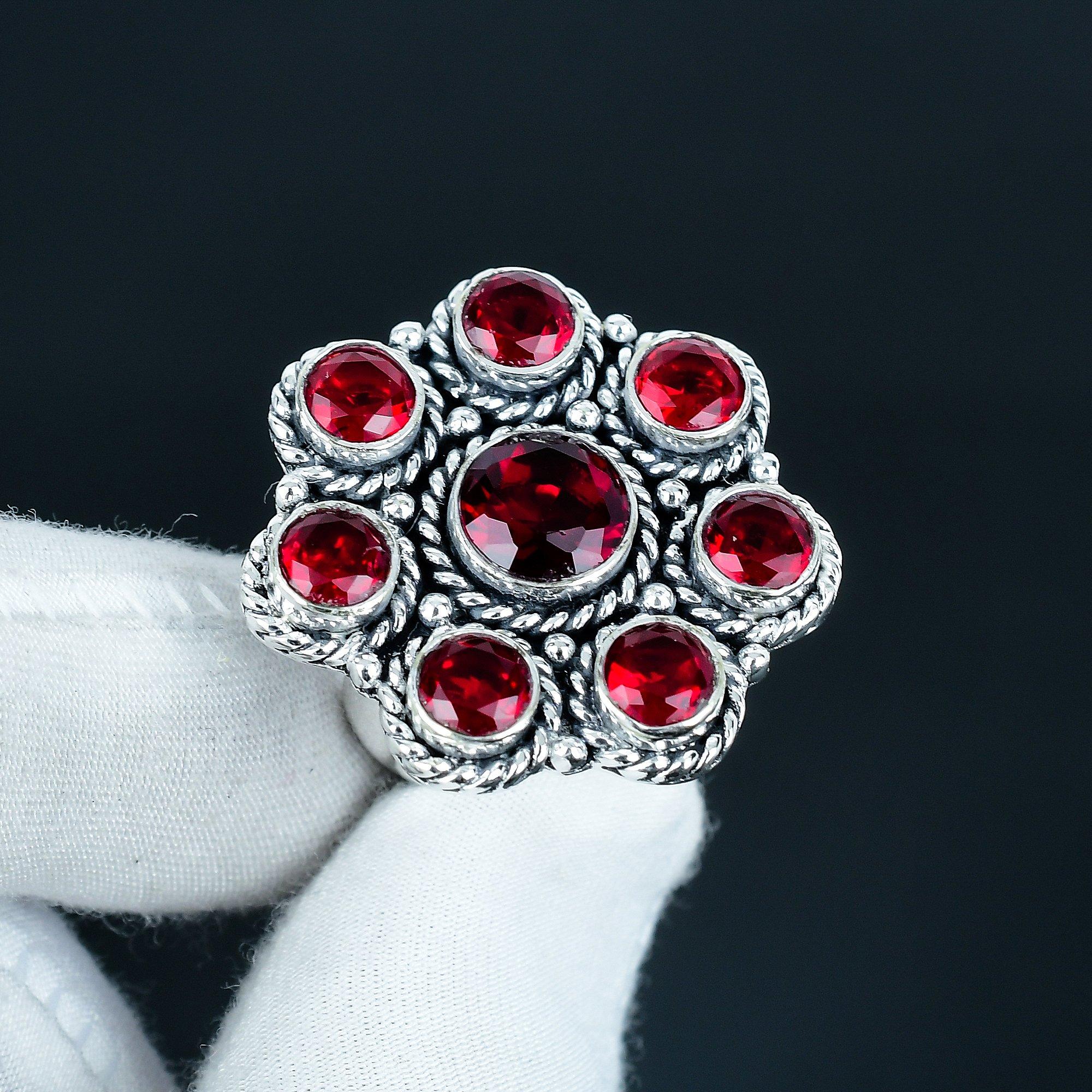 

Красивое кольцо из стерлингового серебра 925 пробы с гранатом ручной работы - Богемное ювелирное кольцо - Ювелирные изделия в стиле бохо с цветами ручной работы для женщин и мужчин, Подарки для мамы US 11 красный